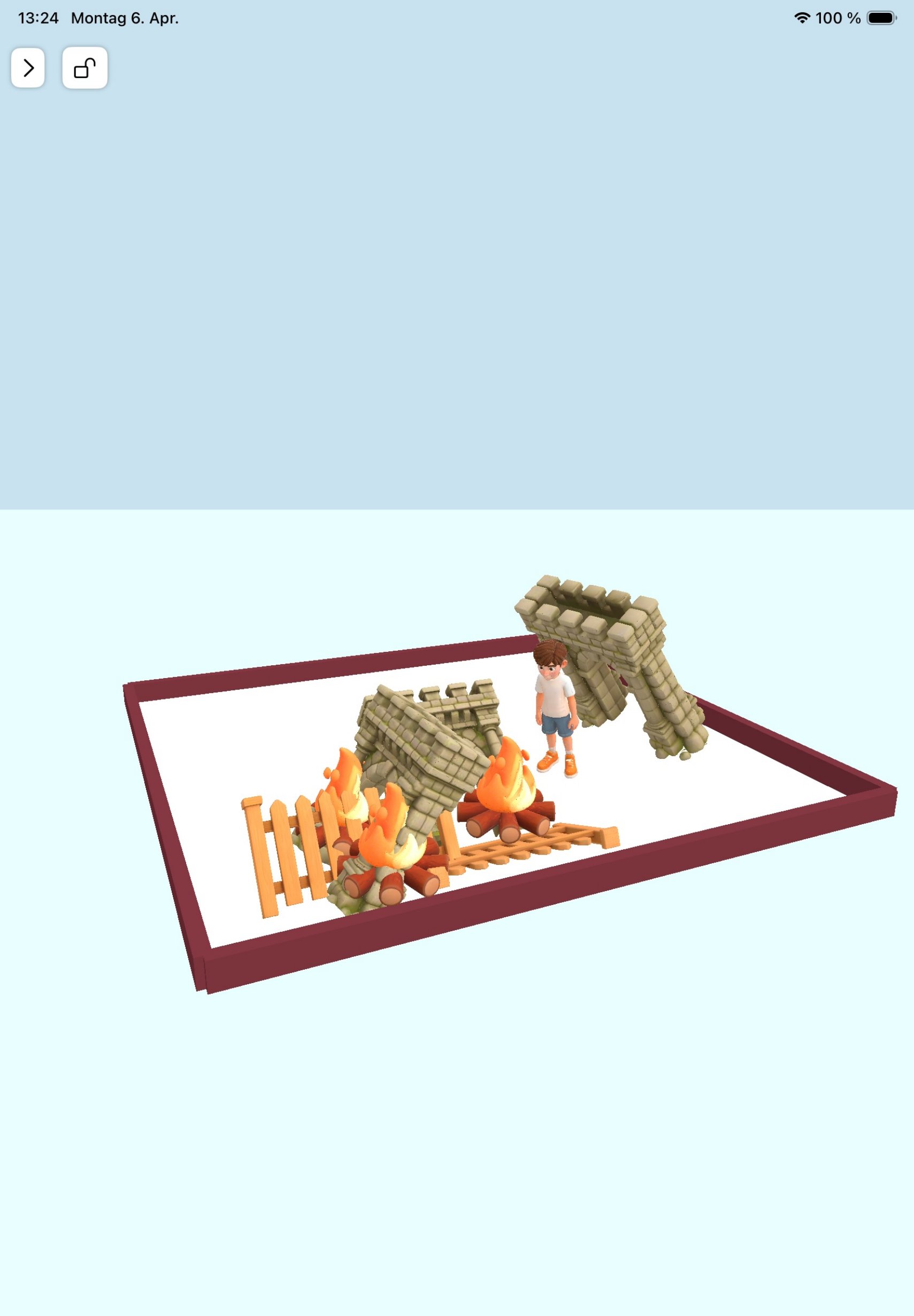 Stage scene: burning walls and destruction