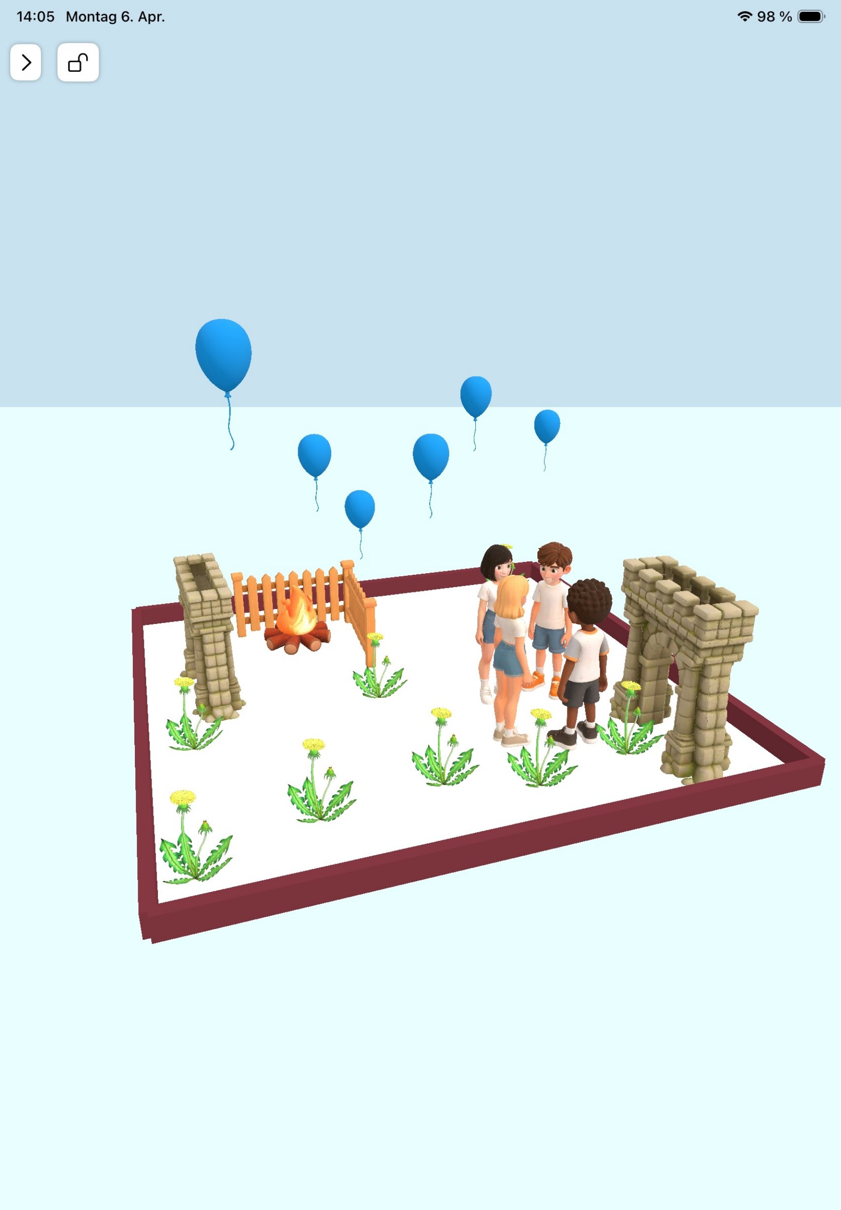 Stage scene: balloons rise, children play safely on a meadow